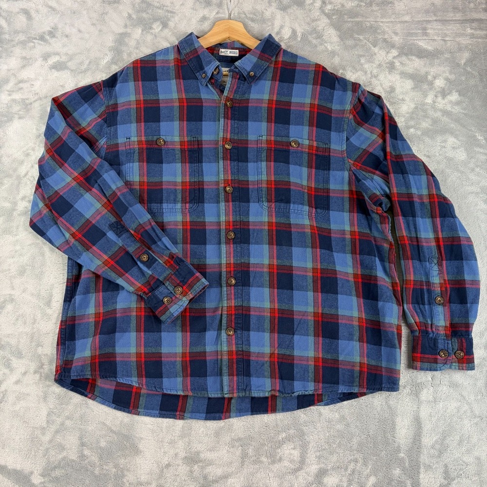Duluth Trading Shirt Mens XL Blue Plaid Flannel Button Down Relaxed Fit Untucked